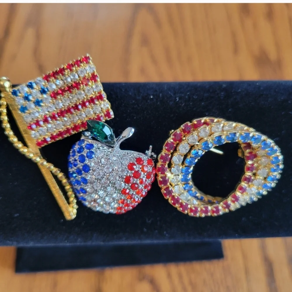Patriotic Brooch Trio ~ Red, White & Blue ~ Flag, Apple, Circles ~ July 4th ~ US